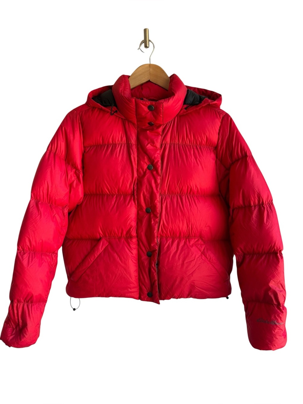 Eddie Bauer Cropped Down Filled Puffer Jacket Sz S Red Hooded Fall Winter Coat